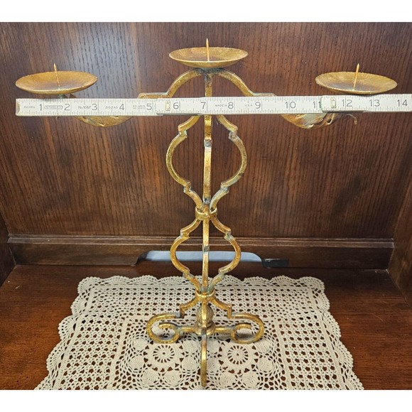 Vintage Candelabra Ornate Brass Standing Pillar Candle Holder w/ 3 Arms Patina - Picture 8 of 8